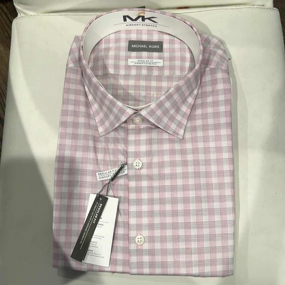 New Michael Kors Men’s Dress Shirt Pink Plaid Size 18 1/2 34/35